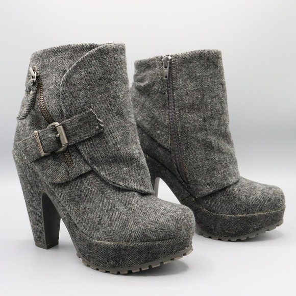 Blowfish Gray Herringbone Booties Womens 6 Gray Boho Platform Career Streetwear - Picture 1 of 16